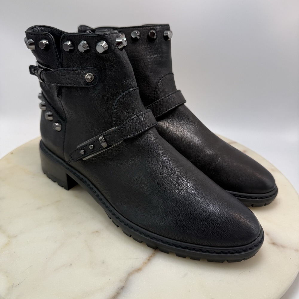 Stuart Weitzman Go West Black Leather Studded Moto Ankle Boots Womens 7M Booties